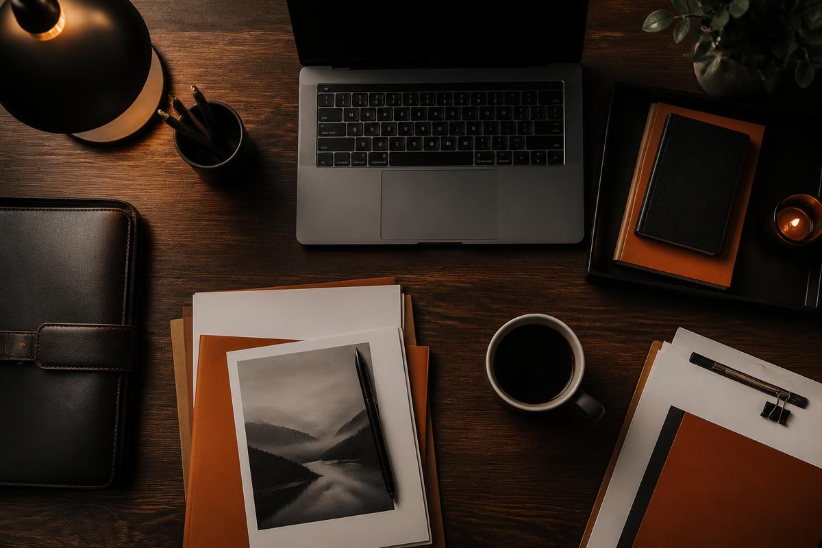 A professional desk scene with documents, laptop and warm ember light.